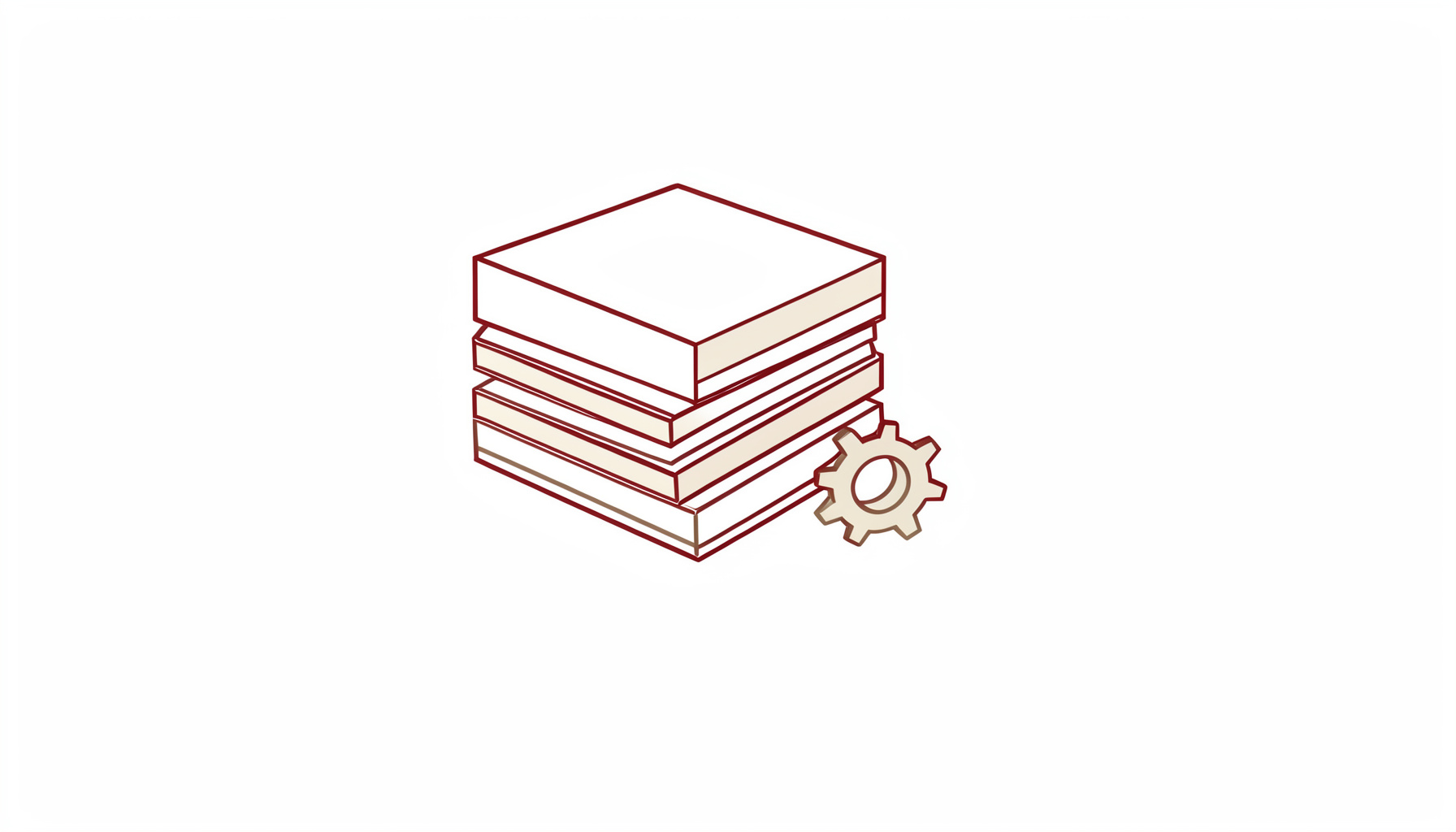A minimal line drawing of stacked software boxes and a gear icon in muted browns and creams